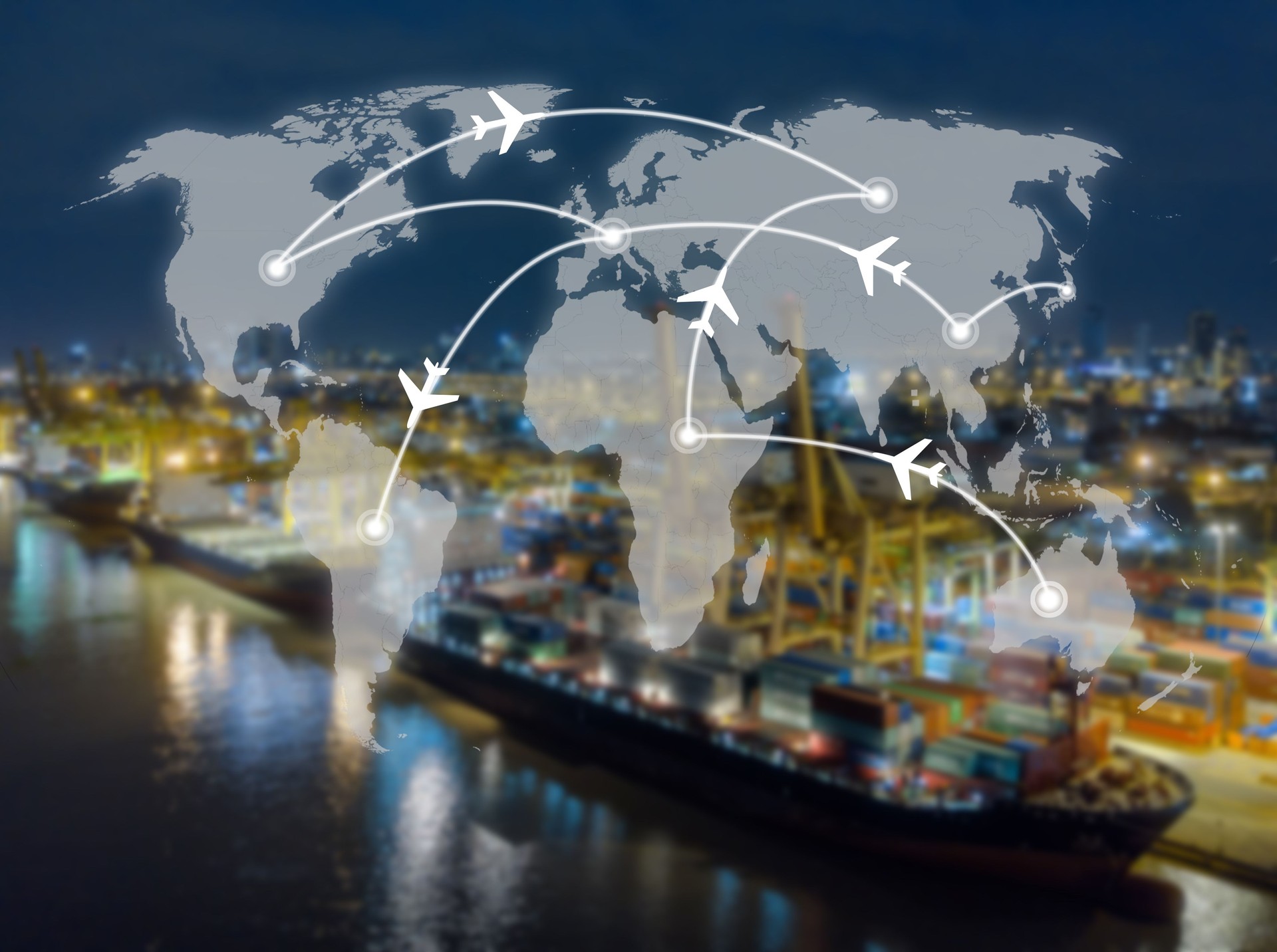 world map with connection line on Industrial Container Cargo for Logistic Import Export at yard,world transportation concept